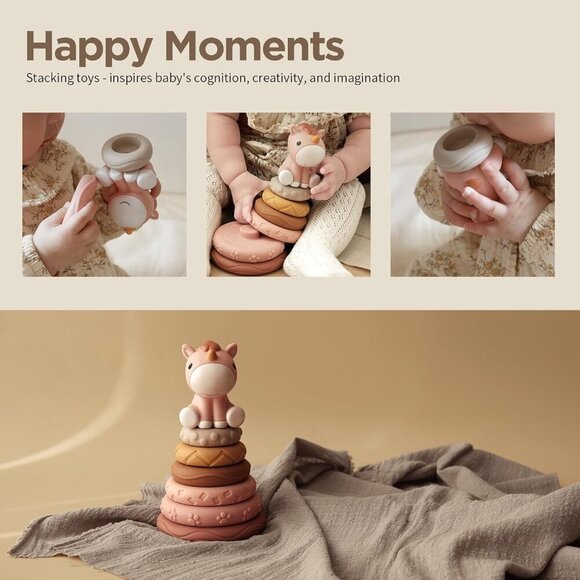 7 Pcs Stacking & Nesting Baby Toys, Squeeze Teething Toys and Building Circle wi - Picture 4 of 7